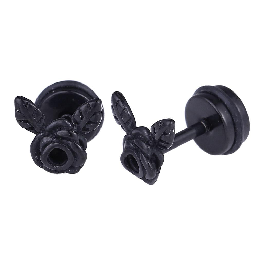 Fake Piercing Expander Rose mit zwei Bättern schwarz Schraubverschluss Edelstahl