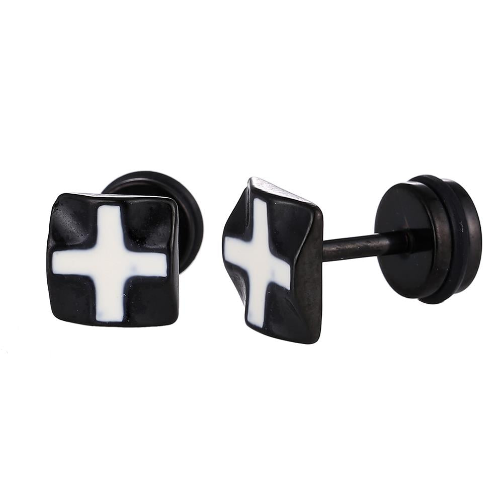 Fake Piercing Expander schwarz Quadrat mit weißem Kreuz Schaubverschluss Edelstahl