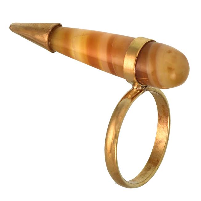 Messing Ring golden Edelstein Achat weiß braun Tropfenform glatt geschliffen antik