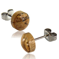 Load image into Gallery viewer, The Unisex Mango Holzohrstecker rund hell gemasert are wooden stud earrings with stainless steel posts and butterfly backs, featuring light-grained, round beads. Displayed on a white background.
