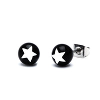 Load image into Gallery viewer, A pair of Ohrstecker Stern Kugel zweifarbig 6 mm Acryl Unisex Ohrringe, featuring a black base with white five-pointed star, shown with one facing forward and the other revealing the stainless steel, nickel-free post and backing.
