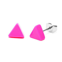 Load image into Gallery viewer, Two vibrant pink, 6 mm triangle Acryl Ohrstecker (&quot;Ohrstecker Dreieck dick bunt&quot;) with nickelfree stainless steel posts and butterfly backs are shown on a white background. Unisex.
