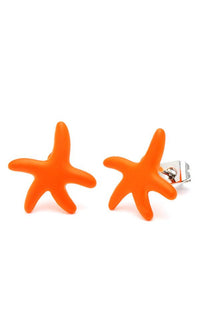 Cargar imagen en el visor de la galería, A pair of orange starfish-shaped Brass Ohrstecker Stern Sterne Ohrringe, unisex, made of stainless, nickelfrei brass, 12 mm, displayed against a white background.
