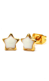 Load image into Gallery viewer, A pair of Brass Ohrstecker Stern 6 mm in gold with colorful enamel, nickel-free, made of brass, shown on a white background.
