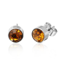 Load image into Gallery viewer, A pair of &quot;Brass Ohrstecker silber Glaskristall facettiert 6mm rund bunt hoch&quot; with round, faceted multicolored glass crystals in bezel settings, displayed on a white background.
