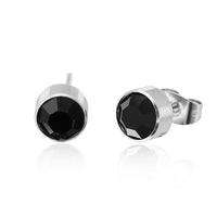 Load image into Gallery viewer, A pair of 6mm round Brass Ohrstecker in silver with faceted multicolored Glaskristall, shown on a white background.
