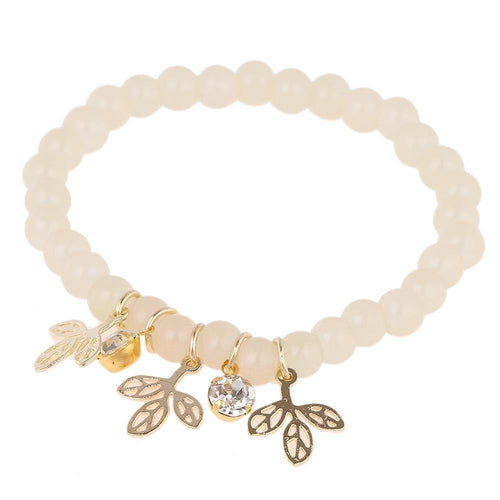 Armband Brass Perlen weiß hell Blätter Anhänger weißer Zirkonia Stein - chic - net.de