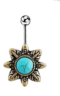 Load image into Gallery viewer, Bauchnabelpiercing Edelstahl Türkis gold Blume - chic - net.de
