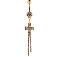 Load image into Gallery viewer, Bauchnabelpiercing golden Kreuz Reihen Zirkonia Steine zwei Kugeln Edelstahl - chic - net.de
