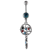 Cargar imagen en el visor de la galería, Bauchnabelpiercing silberfarben zwei Kugeln Traumfänger bunt Feder Edelstahl - chic - net.de
