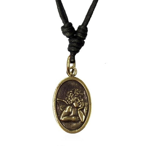 Baumwolle Kette schwarz Anhänger oval Engel Pray for us Brass antik golden - chic - net.de