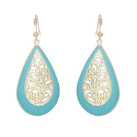 Load image into Gallery viewer, Brass golden blaue Ohrringe Emaille Tropfen Farn verziert gewölbt 5 cm - chic - net.de
