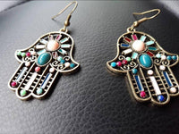 Load image into Gallery viewer, Brass golden Khamsa Ohrringe Sonne Emaille Streifen Steine bunt rosa türkis - chic - net.de
