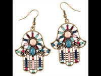 Load image into Gallery viewer, Brass golden Khamsa Ohrringe Sonne Emaille Streifen Steine bunt rosa türkis - chic - net.de
