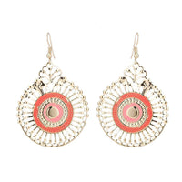 Load image into Gallery viewer, Brass golden koralle rosa Ohrringe Emaille filigran Tropfen Rad Ohrhänger 5 cm - chic - net.de
