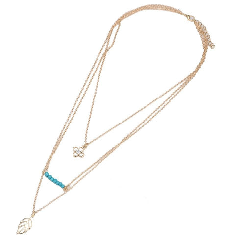 Brass Kette goldfarben dreiteilig Steine türkis Blume Blatt klein ca. 55cm Länge - chic - net.de