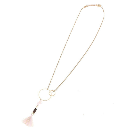 Brass Kette goldfarben fein Anhänger Ringe Steine rosa Kokosholz Quaste Länge ca 37 cm - chic - net.de