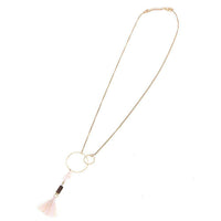 Load image into Gallery viewer, Brass Kette goldfarben fein Anhänger Ringe Steine rosa Kokosholz Quaste Länge ca 37 cm - chic - net.de
