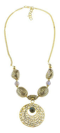 Cargar imagen en el visor de la galería, Brass Kette Halskette Kreis golden Labradorit verschnörkelt Anhänger Brassperlen - chic - net.de
