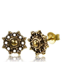 Load image into Gallery viewer, Brass Ohrstecker Steuerrad Blume Halbkugel Pünktchen 10 mm antik golden - chic - net.de
