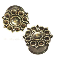 Cargar imagen en el visor de la galería, Brass Tunnel Plug Kreise Punkteränder antik golden Messing Expander Schmuck - chic-net.de
