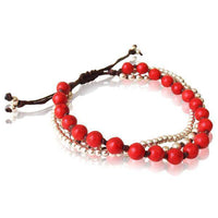 Load image into Gallery viewer, Armband dreilagig Koralle rot Messing Perlen Baumwolle gewachst braun nickelfrei verstellbar - chic-net.de
