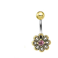 Load image into Gallery viewer, Bauchnabel Piercing Brass Edelstahl Blümchen Stein - chic-net.de

