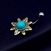 Load image into Gallery viewer, Bauchnabelpiercing Edelstahl Türkis gold Blume - chic-net.de
