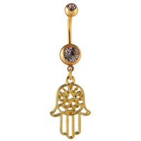 Load image into Gallery viewer, Bauchnabelpiercing golden Hand der Fatima Zirkonia Steine weiß zwei Kugeln Edelstahl - chic-net.de
