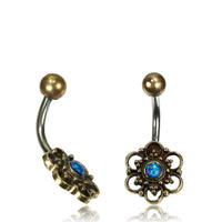 Load image into Gallery viewer, Bauchnabelpiercing Messing Edelstahl antik golden silbern Blüte blauer Opal - chic-net.de
