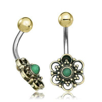Cargar imagen en el visor de la galería, Bauchnabelpiercing Messing Edelstahl gold Blüte Jade - chic-net.de
