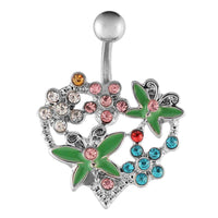 Load image into Gallery viewer, Bauchnabelpiercing silberfarben Großes Herz bunt Blumen Schmetterlinge Edelstahl - chic-net.de
