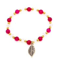 Load image into Gallery viewer, Brass Armband golden Achat pink Perlen Kristalle weiß Blatt Charm verstellbar facettiert - chic-net.de
