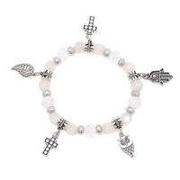 Cargar imagen en el visor de la galería, Brass Charm Armband silbern weiß Kristall Stein Perlen Kreuz Khamsa Blatt verstellbar - chic-net.de

