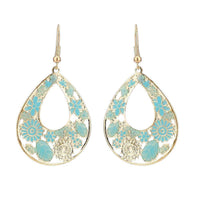 Cargar imagen en el visor de la galería, Brass golden blaue Ohrringe Emaille Tropfen Creolen Blumen 4 cm - chic-net.de
