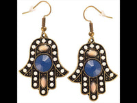 Cargar imagen en el visor de la galería, Brass golden Hamsa Khamsa Ohrringe blau weiß rosa Steine facettiert 30x35 mm - chic-net.de

