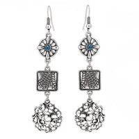 Cargar imagen en el visor de la galería, Brass Ohrringe silberfarben antik Kreis Quadrat Schnärkel Anhänger Stein türkis - chic-net.de
