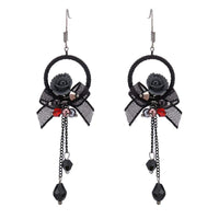 Cargar imagen en el visor de la galería, Brass Ohrringe silberfarben Kreis Stoff schwarz Blume Perlen Anhänger - chic-net.de
