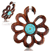 Load image into Gallery viewer, Fake Holz Piercing braun Blume Türkis gemasert Brass golden Steckverschluss - chic-net.de
