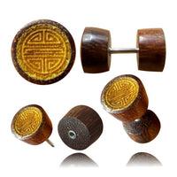 Load image into Gallery viewer, Fake Holz Plug Symbol Piercing Edelstahl Tamarinde Jackfrucht Shou Om Vegvisir - chic-net.de
