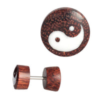 Load image into Gallery viewer, Fake Holzplug dunkel Plug Piercing Edelstahl Holz golden Uhu Om Schmetterling - chic-net.de
