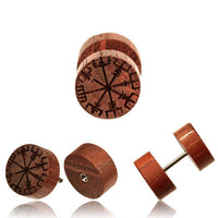 Load image into Gallery viewer, Fake Holzplug Vegvisir Plug Piercing Edelstahl Holz Gravur Wikinger Kompass.

