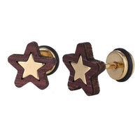 Load image into Gallery viewer, Fake Piercing Expander goldfarben Stern in dunklem Holzrahmen Schaubverschluss Edelstahl - chic-net.de
