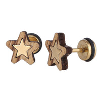 Load image into Gallery viewer, Fake Piercing Expander goldfarben Stern in hellem Holzrahmen Schaubverschluss Edelstahl - chic-net.de
