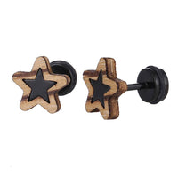 Load image into Gallery viewer, Fake Piercing Expander schwarz Stern in hellem Holzrahmen Schaubverschluss Edelstahl - chic-net.de
