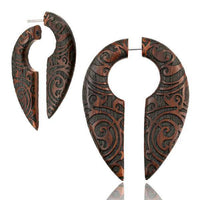 Load image into Gallery viewer, Fake Piercing Ohrring Holz Tropfen dunkel Bali Batik - chic-net.de
