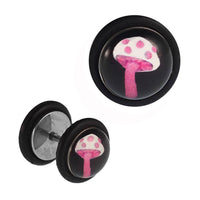 Load image into Gallery viewer, Fake Piercing Plug Edelstahl Fliegenpilz Pilz pink weiß schwarz Gummiring 7 mm - chic-net.de
