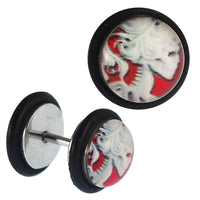 Load image into Gallery viewer, Fake Piercing Plug Edelstahl Skelett Frau Kopf rote Augen schwarz Gummiring 7 mm - chic-net.de
