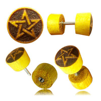 Cargar imagen en el visor de la galería, Fake Plug Jackfrucht Holz Symbol Piercing Edelstahl hell braun Om Vegvisir Stern - chic-net.de
