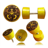 Cargar imagen en el visor de la galería, Fake Plug Jackfrucht Holz Symbol Piercing Edelstahl hell braun Om Vegvisir Stern - chic-net.de
